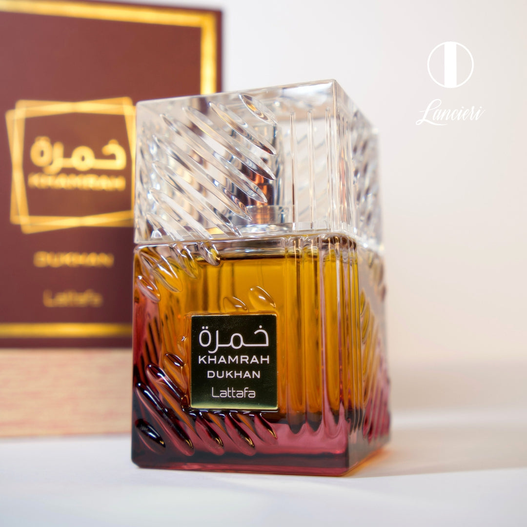 frasco Perfume Lattafa Khamrah Dukhan Unissex Eau de Parfum detalhe lateral