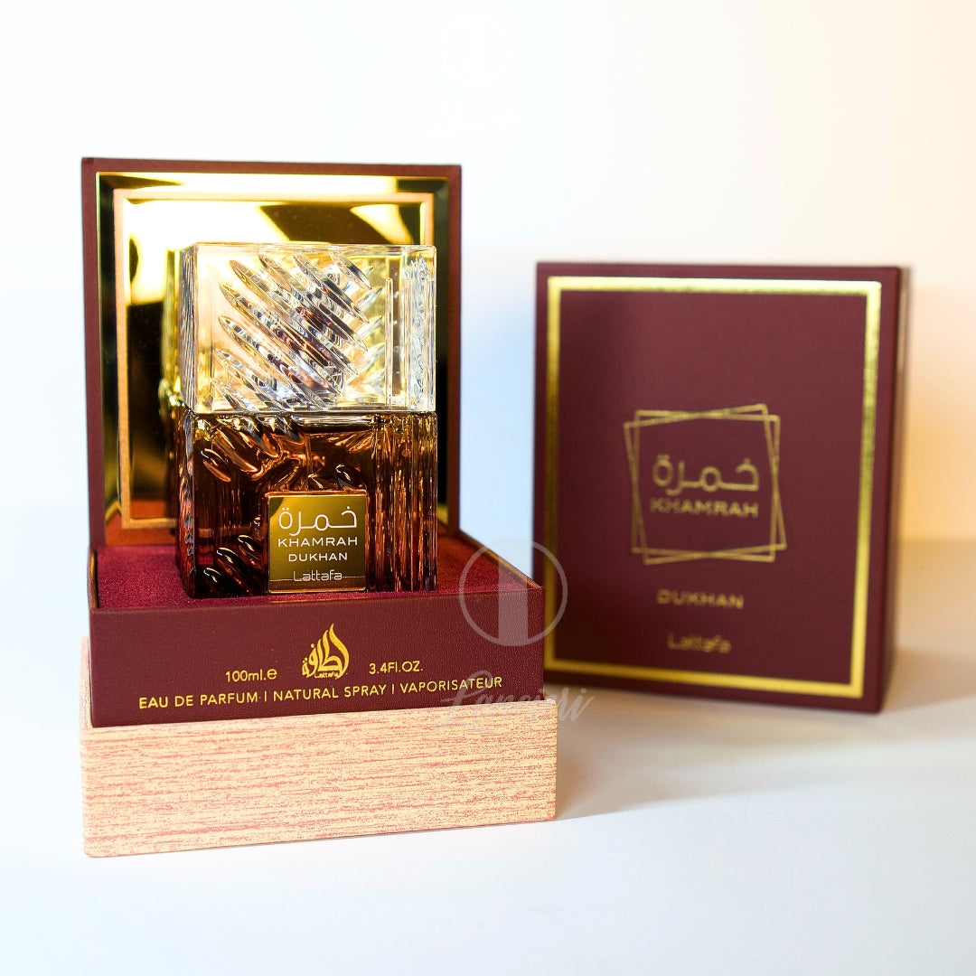 frasco Perfume Lattafa Khamrah Dukhan Unissex Eau de Parfum embalagem caixa original