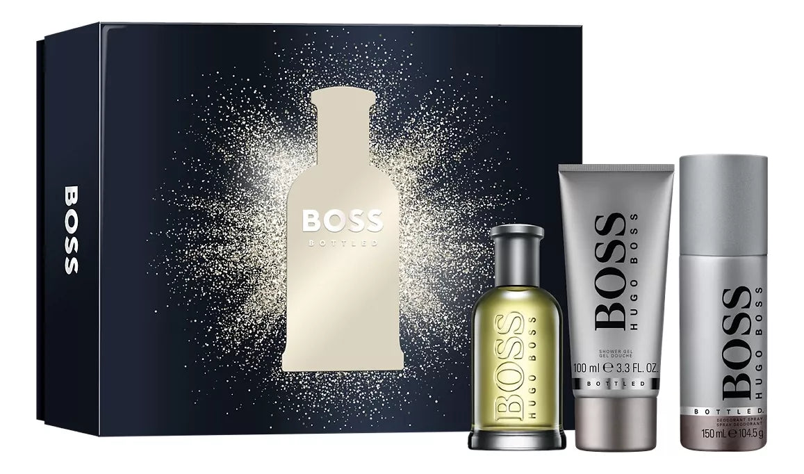 frasco Perfume Masculino Hugo Boss Bottled Eau de Toilette + Shower Gel + Deso frente fundo branco