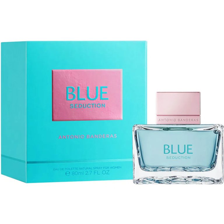 frasco Perfume Feminino Antonio Banderas Blue Seduction Eu de Toilette detalhe lateral