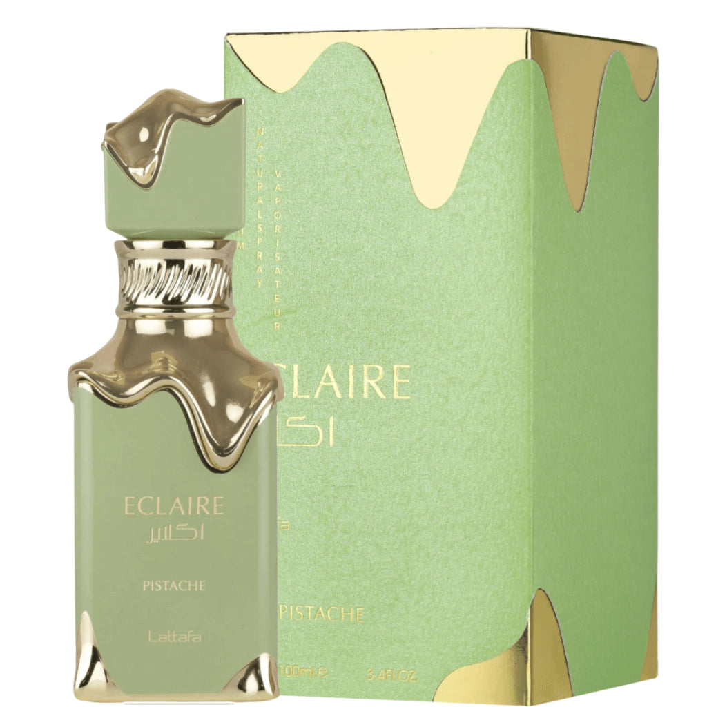 frasco Lattafa Eclaire Pistache EDP detalhe lateral